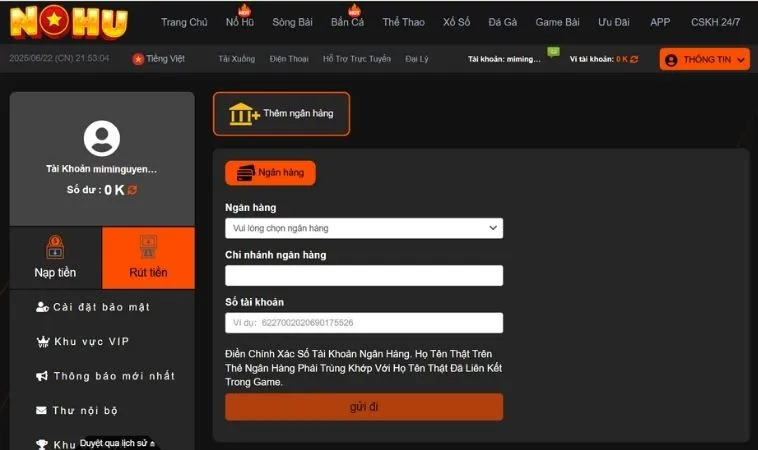 Giao diện rút tiền Nohu90